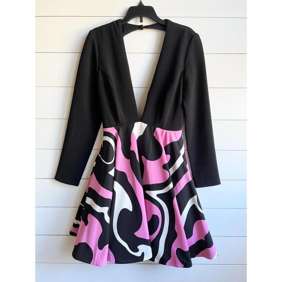 Rubber Ducky Inc. Black Pink Long Sleeve Plunge Neckline Dress Size Small USA - Picture 2 of 10